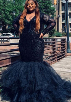 A Line Black Long Sleeves Sequins Evening Gowns