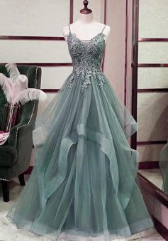 A-line Green Lace Appliques Layers Tulle Formal Dress