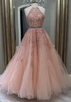A Line Halter Sleeveless Tulle Prom Dresses With Lace