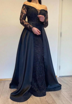 A-Line Off The Shoulder Black Lace Prom Dresses With Long Sleeves