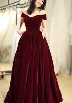 Elegant Off Shoulder Velvet Long Prom Dresses