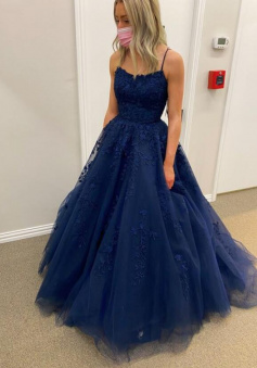 Floor Length Tullenavy blue prom Evening Dress with Lace