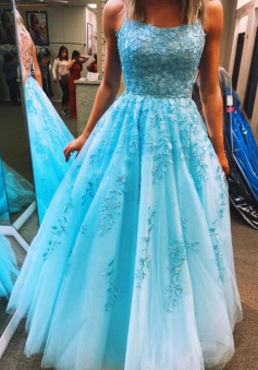 A Line formal prom blue lace evening dress