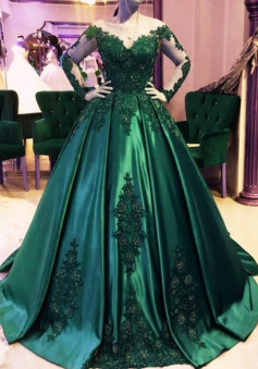 Dark Green ball gown stain prom dress with lace