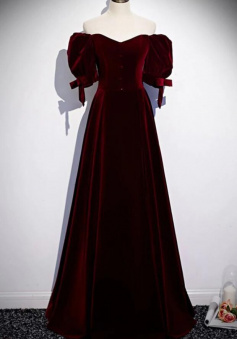 A Line Burgundy Velvet Long Prom Dress