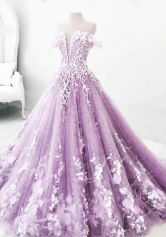 Gorgeous Off the Shoulder Long Lilac Prom Dress with Flowers