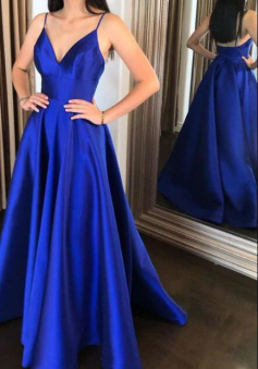 Spaghetti Straps Royal Blue Satin Prom Dress Evening Dress