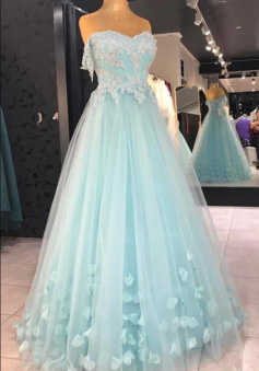 A Line Floor Length Strapless Tulle Prom Dress with Flowers