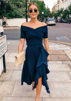 Off Shoulder Navy Blue Short Prom Dress