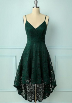 Simple High low Dark Green Lace Short Homecoming Dress