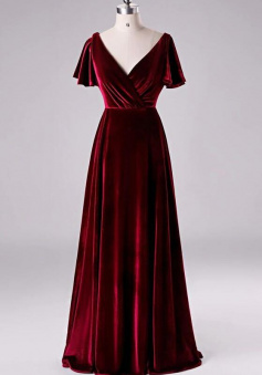 A Line V Neck Burgundy Velvet Wrap Long Prom Dress