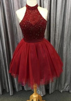 Sparkly Open Back Burgundy Tulle Short Homecoming Dresses