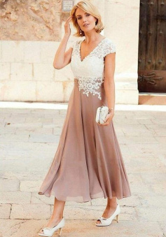 Tea Length V-neck Chiffon Mother of the Bride Dress With Cap Sleeve