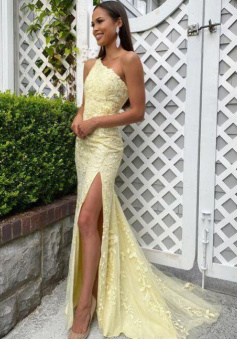 A-line One Shoulder Split Lace Prom Dresses