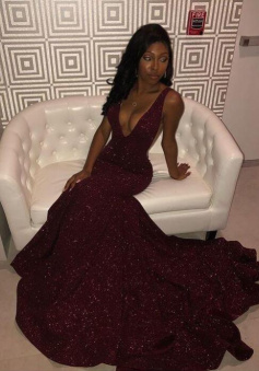 Sexy V Neck Burgundy Mermaid Sequin Prom Dresses