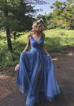 A Line Blue tulle prom dress evening dress with lace