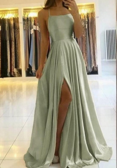 A Line backless sage green prom dress