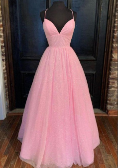 A line pink shiny v neck tulle long prom dress