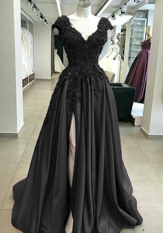 A Line Black Satin Slit Prom Dresses With Lace