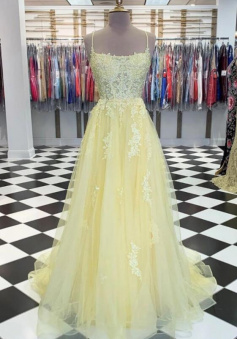 A Line Yellow tulle lace long prom dress
