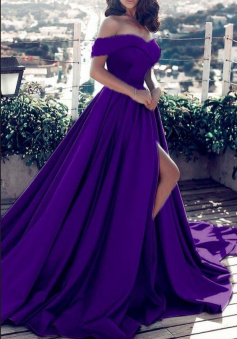 Off The Shoulder Dark Purple Long Satin Evening Dresses