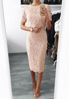Sexy Two Piece Short Sleeve Lace Sheath Evening Dress