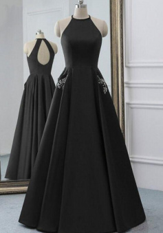 Simple A Line Black Satin Open Back Long Prom Dress