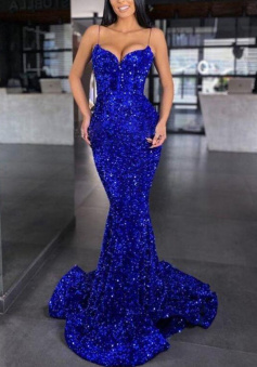 Mermaid Royal Blue Sequins Formal Evening Gowns