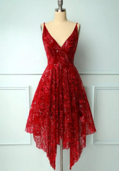 Burgundy v neck high low lace prom dress