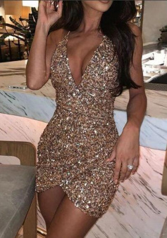 Deep V-neck Backless Bandage Glitter Shiny Cocktail Dress