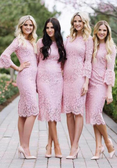 Sheath Jewel Long Sleeves Pink Lace Knee Length Bridesmaid Dress
