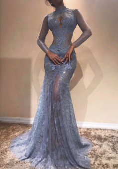 Elegant blue see through mermaid lace prom dress