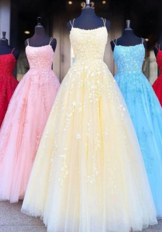 Princess Straps Tulle Long Prom Dress With Lace Appliques