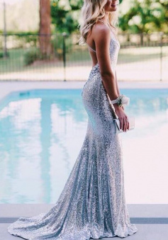 Sheath Long Silver Sequin Prom Dresses With Open Back