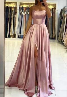 Spaghetti Straps Pink Satin Cross Back Prom Dress