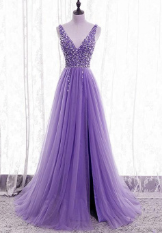Purple V-neckline Tulle Party Dress Evening Dress With Beaded