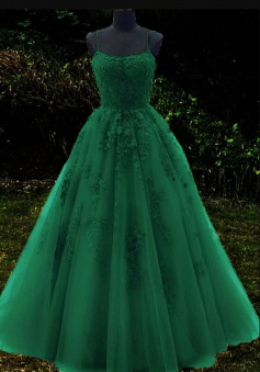 Spaghetti Straps Princess Emerald Green Ball Gown Prom Dresses