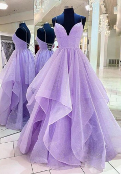 A Line Purple v neck tulle long prom dress evening dress