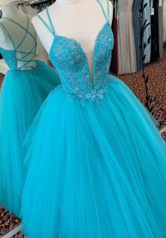 Elegant Criss Cross Back Tulle Prom Dress with Lace Appliques