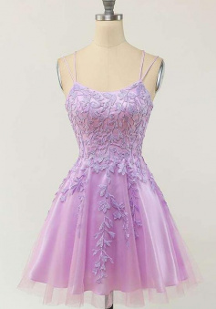 A-line Light Purple Short Homecoming Dress With Lace Appliques