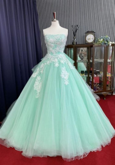 A Line Strapless Tulle Long Prom Dress With Lace