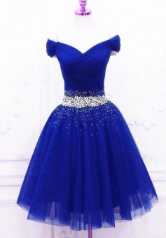 Lovely Off Shoulder Blue Tulle Short Prom Dress