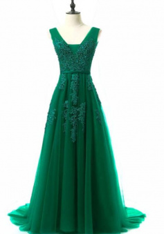 A-line tulle green long prom dresses with lace