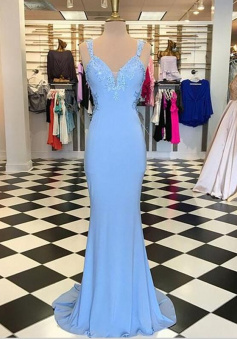 Lovely Sheath Stain Blue V-neck Sleeveless Prom Dresses