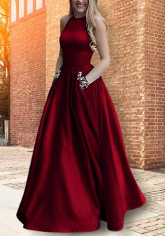 A-Line Halter Floor-Length Wine Red Long Satin Dresses