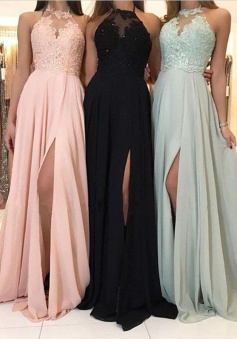 Halter A Line Sleeveless With Ruched Chiffon Prom Dresses