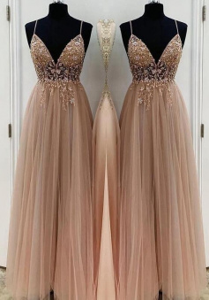 Spaghetti Straps A-Line Beading Tulle Floor-Length Prom Dresses