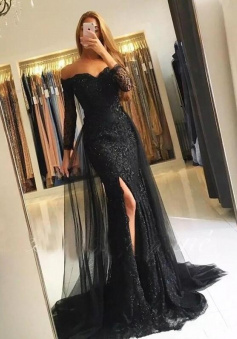 Mermaid Off-the-Shoulder Sweep/Brush Train Tulle Lace Prom Dresses With Long Sleeves