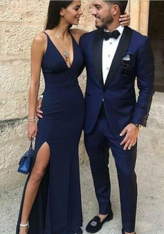 Sheath Straps V-neck Sleeveless Navy Blue Stain Prom Dresses