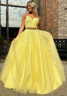 A-Line Tulle Applique Sleeveless V-neck Two Piece Prom Dresses